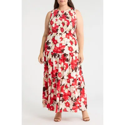 Anne Klein Print Smocked Bodice Tiered Maxi Dress In Multi