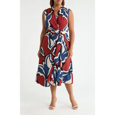 Anne Klein Print Surplice Midi Dress In Rust Multi