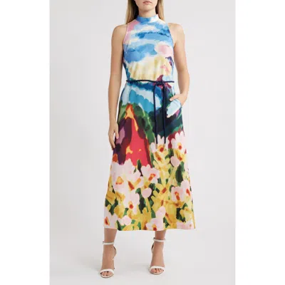 Anne Klein Print Tie Waist Sleeveless Maxi Dress In Azurine Multi