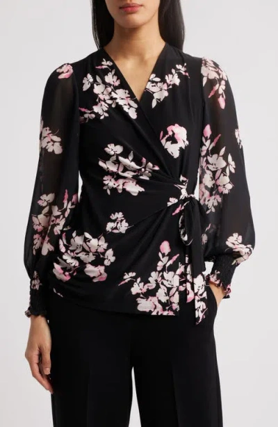 Anne Klein Print Wrap Top In Anne Black Pink Multi