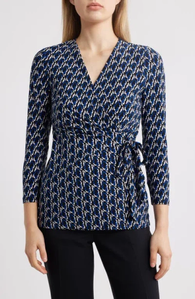 Anne Klein Printed Tie-waist Top In Anne Black Blue Multi