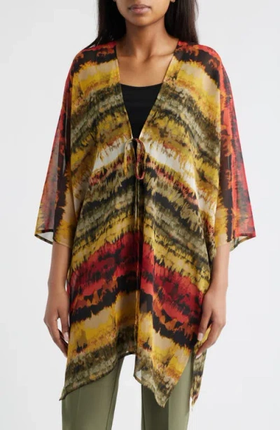 Anne Klein Printed Asymmetric Tie Front Cardigan In Multi