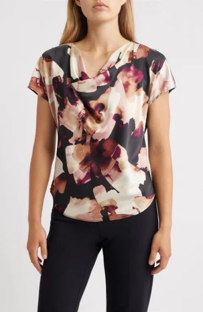 Anne Klein Printed Cowl Neck Satin Top In Multi