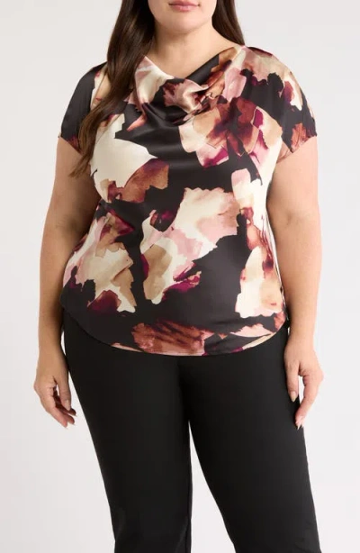 Anne Klein Printed Cowl Neck Satin Top In Black
