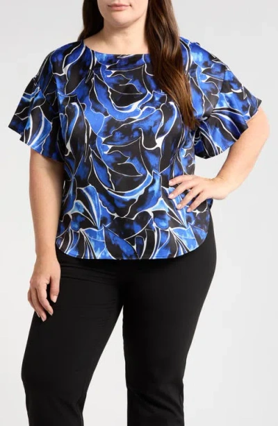 Anne Klein Printed Flutter Sleeve Top In Santorini Blue Multi