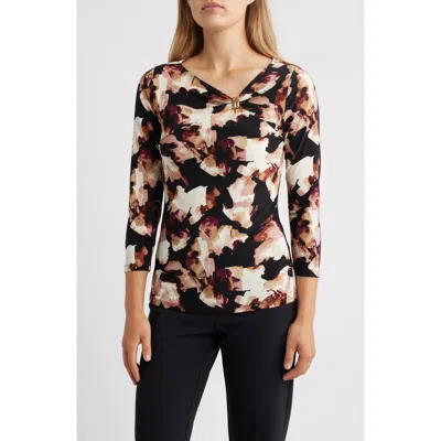 Anne Klein Printed Gathered Asymmetric Neck Top In Multi