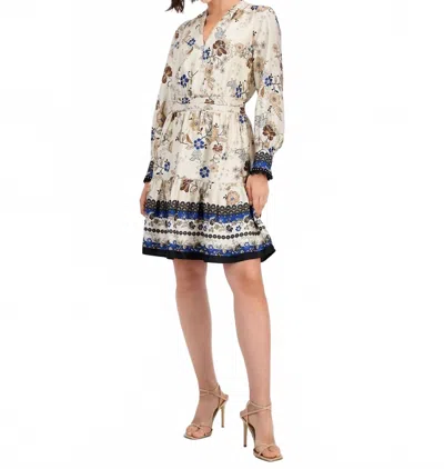 Anne Klein Printed Long-sleeve Fit & Flare Dress In Cream/blue/black In Neutral