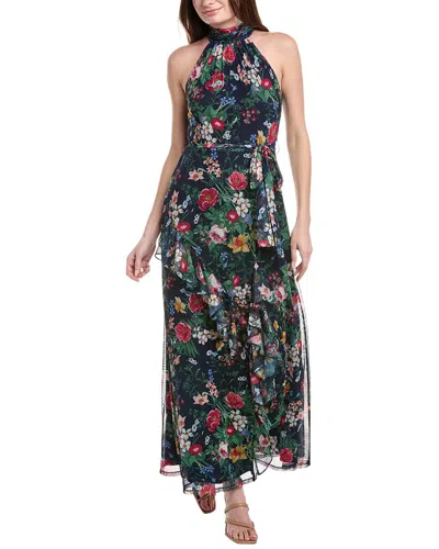 ANNE KLEIN ANNE KLEIN PRINTED MESH ASYMMETRICAL RUFFLE HEM MAXI DRESS
