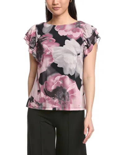 Anne Klein Printed Mesh Ruffle Sleeve Top In Multi