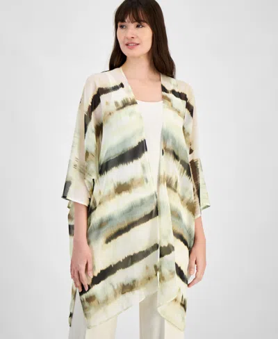 Anne Klein Printed Open-front Chiffon Kimono In White Dove Multi