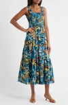 Anne Klein Smocked Bodice Sleeveless Tiered Maxi Dress In Blue