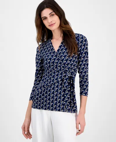 Anne Klein Printed Tie-waist Top In Anne Black Blue Multi