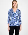 Anne Klein Printed Tie-waist Top In Anne Black Santorini Blue Multi