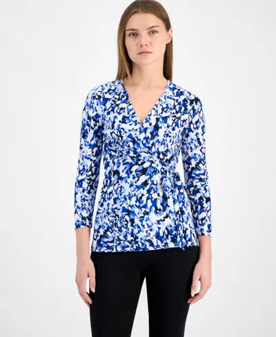 Anne Klein Printed Tie-waist Top In Anne Black Santorini Blue Multi