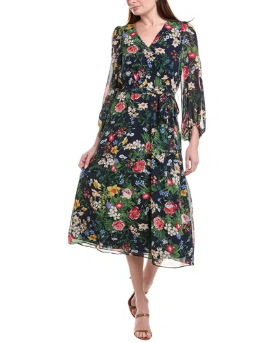 Anne Klein Printed V-neck Midi Dress In Blue