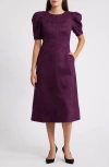 Anne Klein Puff Sleeve A-line Midi Dress In Deep Plum