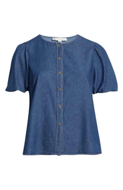 Anne Klein Puff Sleeve Denim Top In Blue
