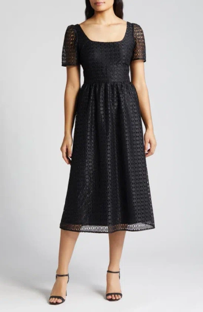 Anne Klein Puff Sleeve Geometric Lace Midi Dress In Anne Black