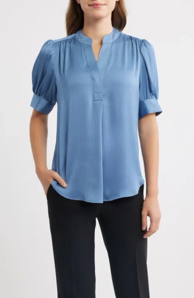 Anne Klein Puff Sleeve Hidden Button Top In Blue