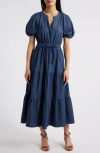 Anne Klein Petite Puff-sleeve Tiered Denim Midi Dress In Blue