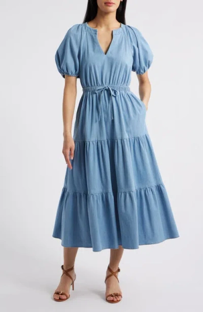 Anne Klein Puff Sleeve Tiered Denim Midi Dress In Blue
