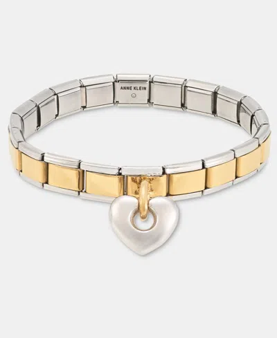 Anne Klein Puffy Heart Charm Stretch Bracelet In Silver