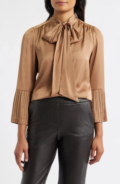 Anne Klein Pussybow Tie Satin Top In Brown
