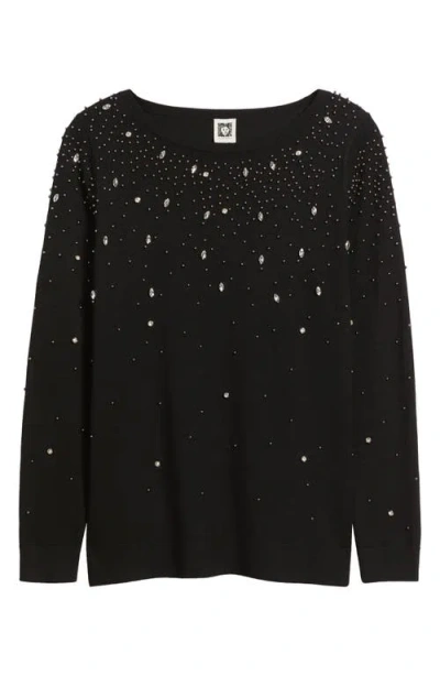Anne Klein Rhinestone Embellished Boatneck Sweater In Black