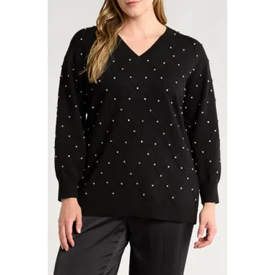 Anne Klein Rhinestone Embellished Diamond Stitch Sweater In Anne Black