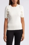 Anne Klein Rib Snap Trim Short Sleeve Crewneck Sweater In White