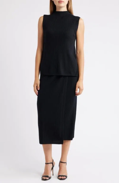 Anne Klein Rib Wrap Front Wool Skirt In Black