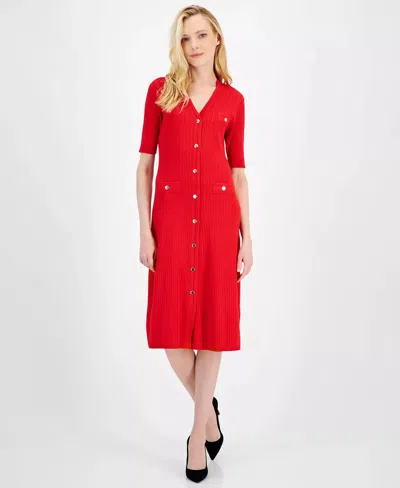 Anne Klein Ribbed Button-front A-line Dress In Medium Red