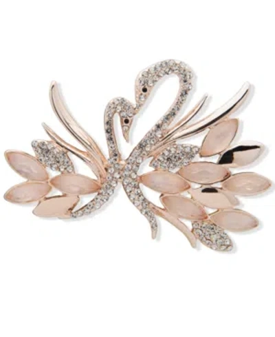 Anne Klein Rose Gold-tone Pave & Mother-of-pearl Swan Pin In Red