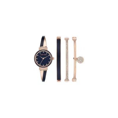 Anne Klein Rose Gold-tone Navy Blue X-shaped Bangle Set Ladies Watch In Black