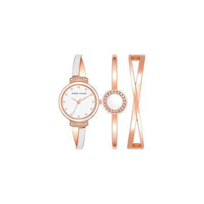 Anne Klein Rose Gold-tone White X-shaped Bangle Crystal Accent Set Ladies Watch