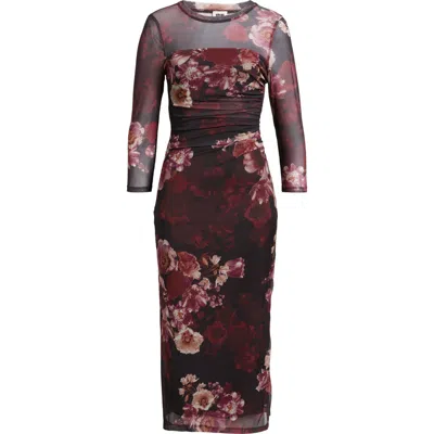 Anne Klein Ruched Long Sleeve Illusion Neck Midi Dress In Multi