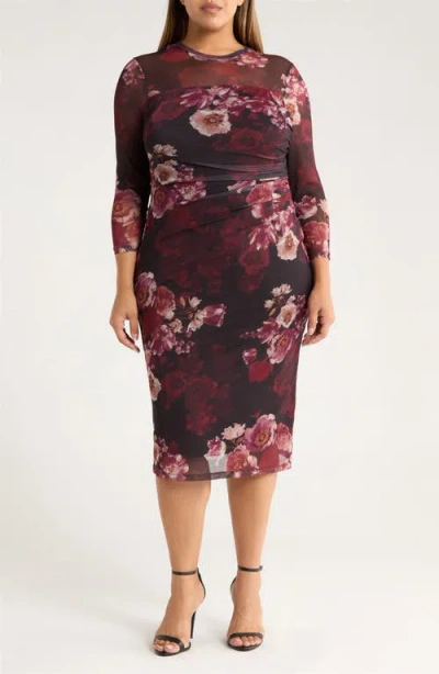 Anne Klein Ruched Long Sleeve Illusion Neck Midi Dress In Multi