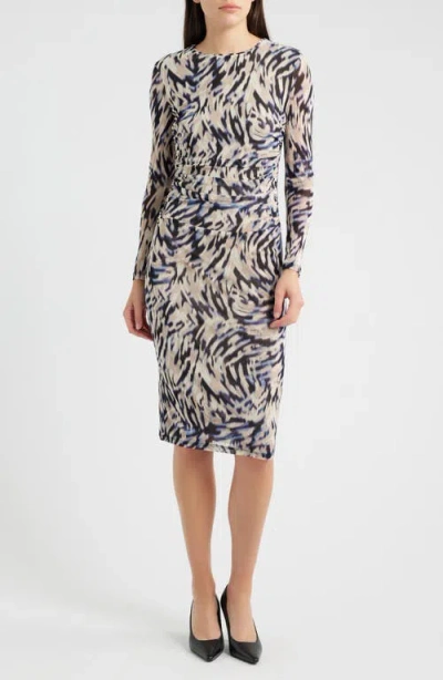 Anne Klein Ruched Mesh Midi Dress In Multi