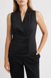 Anne Klein Ruched Surplice V-neck Knit Top In Black