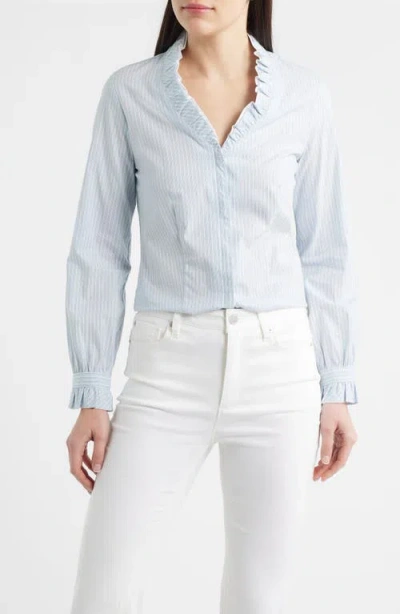 Anne Klein Ruffle Detail Stripe Cotton Button-up Shirt In Blue