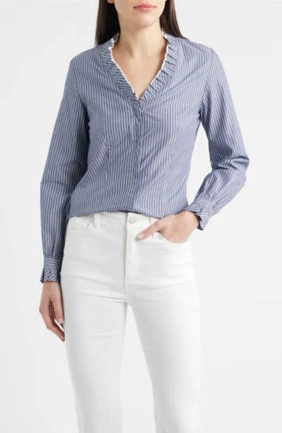 Anne Klein Ruffle Detail Stripe Cotton Button-up Shirt In Blue