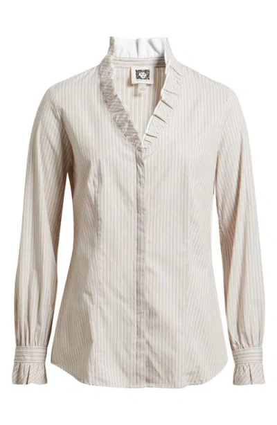 Anne Klein Ruffle Detail Stripe Cotton Button-up Shirt In Multi