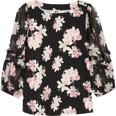 Anne Klein Ruffle Floral Puff Sleeve Top In Black