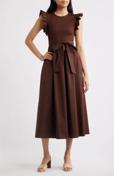 Anne Klein Ruffle Mixed Media Midi Dress In Brown