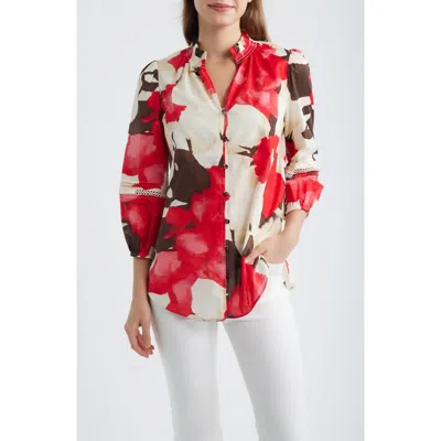 Anne Klein Ruffle Neck Cotton Button-up Shirt In Multi