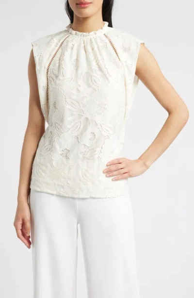 Anne Klein Ruffle Neck Lace Top In White