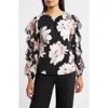 Anne Klein Ruffle Sleeve Floral Print Shirt In Black
