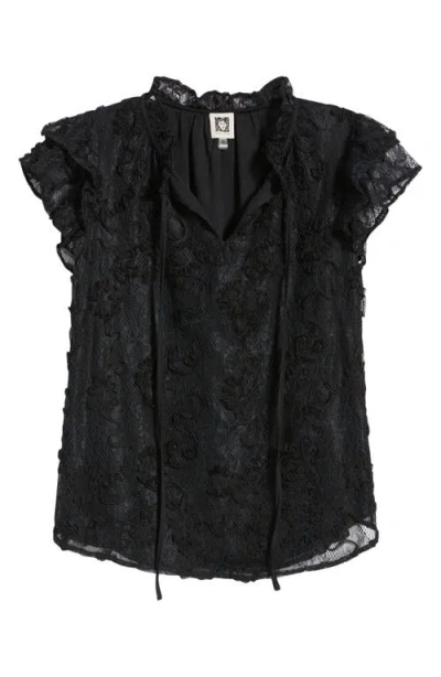Anne Klein Ruffle Sleeve Lace Top In Black