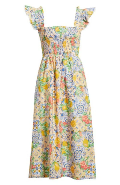 Anne Klein Ruffle Smocked Bodice Midi Sundress In Pearl White Multi