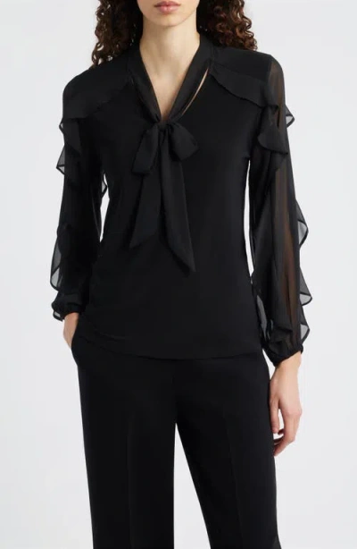 Anne Klein Ruffle Tie Neck Top In Black